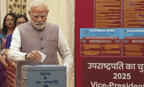 MPs during voting in the Vice-Presidential elections, at the Parliament premises, in New Delhi, Tuesday, Sept. 9, 2025.