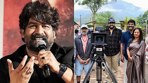 Joju George (L), Shaji Kailas and the crew at the sets of Varavu (R)