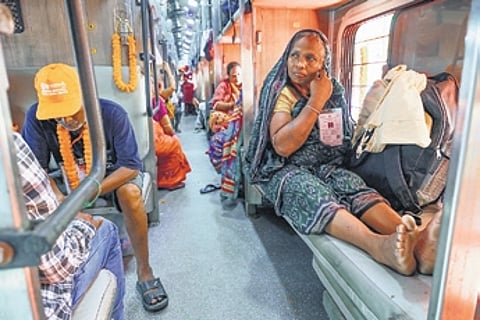 Elderly pilgrims on board the Bharat Gaurav train.