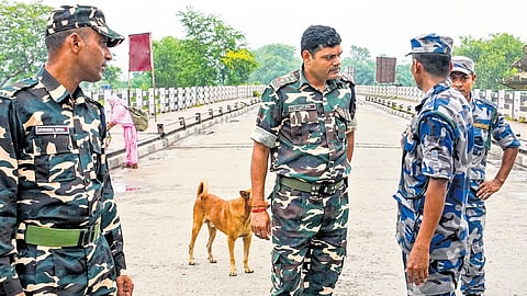 Sashastra Seema Bal and Nepal’s Armed Police Force personnel after the border
got sealed for regular movement in Bihar’s Raxaul on Wednesday.