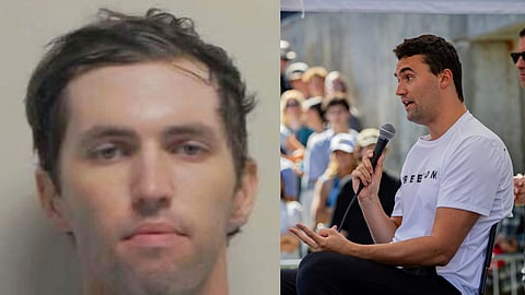 (L) This photo released by the Utah Governor's Office on Friday, Sept. 12, 2025 shows Tyler Robinson. (Utah Governor's Office via AP) (R) Charlie Kirk speaks before he is shot during Turning Point's visit to Utah Valley University in Orem, Utah, Wednesday, Sept. 10, 2025.