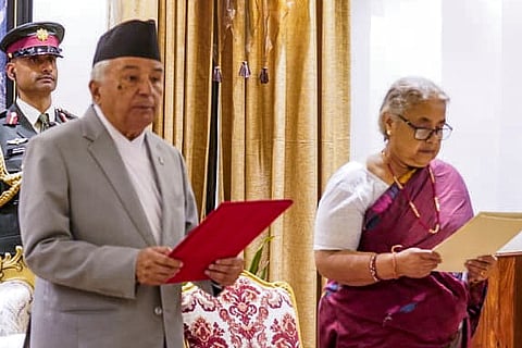 Nepal's President Ramchandra Paudel administers the oath of office to Sushila Karki as Prime Minister during a ceremony at the President's residence, in Kathmandu, Nepal.