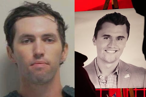 (L) This photo released by the Utah Governor's Office on Friday, Sept. 12, 2025 shows Tyler Robinson. (R) People place lit candles below a photo of Charlie Kirk, the CEO and co-founder of Turning Point USA who was shot and killed, at a vigil in his memory, Thursday, Sept. 11, 2025, in Orem, Utah