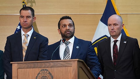 Kash Patel speaks at a news conference, Friday, Sept. 12, 2025, in Orem, Utah, as Utah department of public safety commissioner Beau Mason, left, and Utah Gov. Spencer Cox listen.