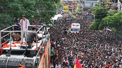 TVK president Vijay addressing his supporters in Tiruchy during the first rally of his maiden state-wide political tour.