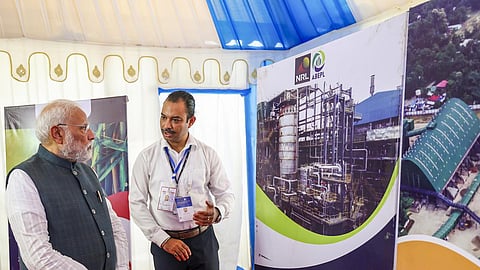 Prime Minister Narendra Modi during the inauguration of Assam Bio-Ethanol Private Limited (ABEL), Numaligarh Refinery Plant, in Golaghat, Assam on September 14, 2025.