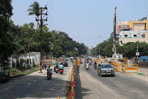 Restrictions have been imposed by the traffic police on movement of vehicles along Puducherry- Cuddalore road due to on going work on the Rs 72 crore new flyover project at the AFT mill railway crossing Monday morning.