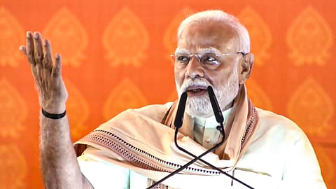 Prime Minister Narendra Modi speaks during the inauguration and foundation stone laying ceremony of various development projects, in Purnea, Bihar.