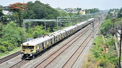 A suburban train heading towards Chengalpattu