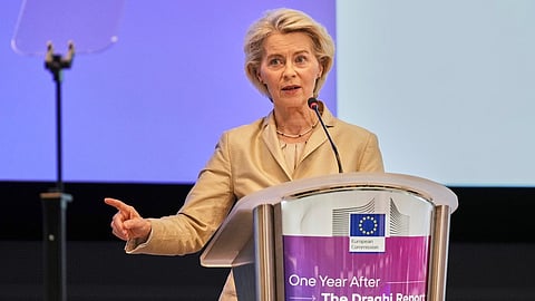 European Commission President Ursula von der Leyen addresses the audience during the conference "One Year After the Draghi Report" at the EU Charlemagne building in Brussels, Tuesday, Sept. 16, 2025.