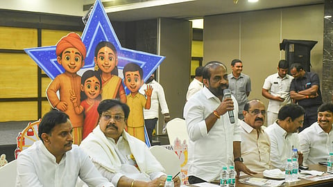 NTR district incharge minister Satya Kumar Yadav addressing during the coordination meeting of Vijayawada Utsav where MP Kesineni Sivanath and other leaders also present on Tuesday.