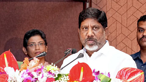 Deputy Chief Minister Bhatti Vikramarka speaks during a Meeting with Traders Associations on GST at MCHRD.