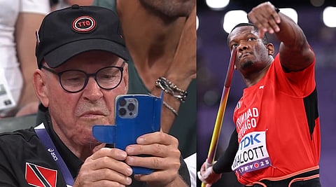 Klaus Bartonietz (left) and Keshorn Walcott in Tokyo on Thursday