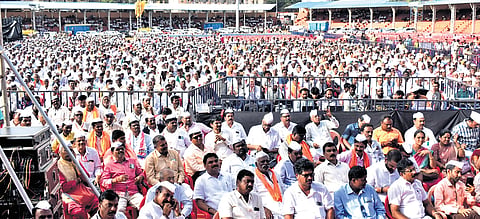 Thousands of people attend the Veerashaiva-Lingayat Ekata Samavesha in Hubballi on Friday.