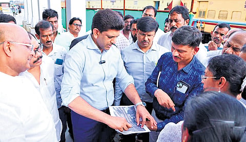 Union Minister of State for Rural Development and Communications Dr Pemasani Chandrasekhar inspecting the newly constructed subway at Guntur Railway Station on Friday.