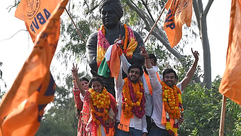 ABVPs Aryan Maan, Kunal Chaudhary, Deepika Jha and others celebrate their victory in the 2025 Delhi University Students Union (DUSU) elections, in New Delhi, Friday, Sept. 19, 2025.
