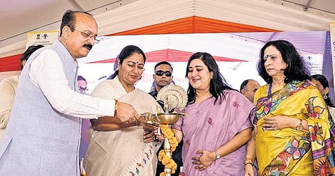 Delhi Chief Minister Rekha Gupta with cabinet minister Ashish Sood and BJP MP Bansuri Swaraj during the inauguration of a newly constructed Swami Vivekanand Bhawan at the Karampura campus of BR Ambedkar University, in New Delhi.