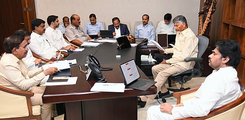 CM Nara Chandrababu Naidu during meeting with his cabinet ministers at his chamber in Assembly premises on Friday.