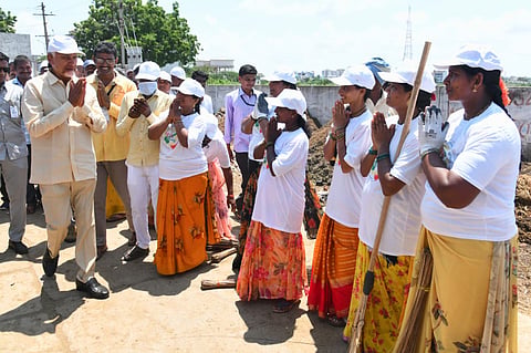 CM Nara Chandrababu Naidu during Swarna Andhra Swachha Andhra programme at Macharla on Saturday.