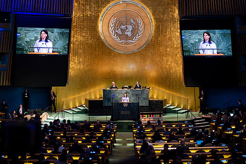 Annalena Baerbock, president of the 80th session of the United Nations General Assembly (UNGA), addresses the 80th session of the UNGA at United Nations headquarters at the start of High-Level Week, Monday, Sept. 22, 2025.