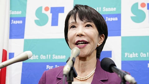 Japan's Former Economic Security Minister Sanae Takaichi speaks to the media regarding the upcoming upcoming ruling Liberal Democratic Party's leadership election, at parliament in Tokyo, on Sept. 18, 2025.