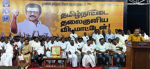 Minister for Agriculture and Farmers’ Welfare M R K Panneerselvam speaking at a public meeting organised by the Chidambaram City DMK at Anandeeswaran Koil Street