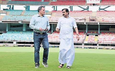 Kerala Sports Minister V Abdurahiman and Argentina Football Association Manager Hector Daniel Cabrera visit Jawaharlal Nehru Stadium in Kochi on Tuesday as the state prepares to host the world champions in November