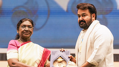 President Droupadi Murmu presents the 'Dadasaheb Phalke award for 2023' to Malyalam film actor Mohanlal during the 71st National Film Awards, in New Delhi, Tuesday.