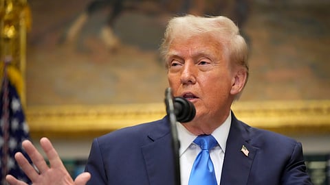 US President Donald Trump speaks in the Roosevelt Room of the White House, Monday, Sept. 22, 2025, in Washington.