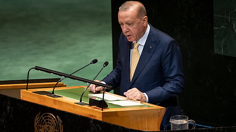 Turkey's President Recep Tayyip Erdogan speaks during a high-profile meeting at the United Nations.