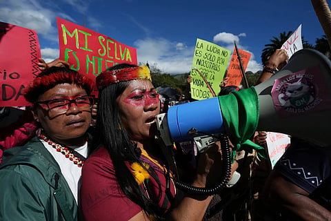 Waorani Indigenous people march to the Constitutional Court to protest for their right to consultation before the bidding for the exploration and exploitation of oil and gas on their territory in Quito, Ecuador, May 13, 2025.