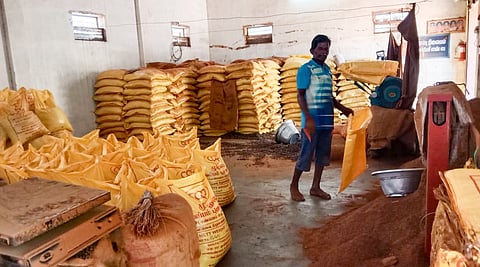 Neem seeds being ground for ‘Mullai’ neem cake sale by the Karur cooperative society.