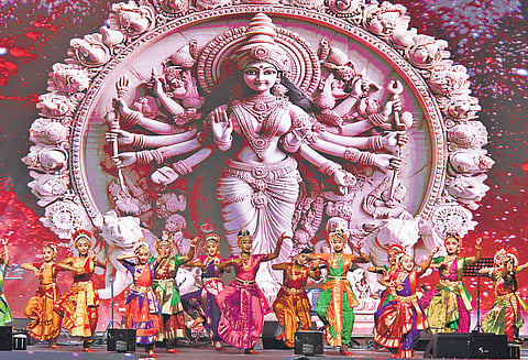 Drone show during Vijayawada Utsav; (Above) Girls perform a classical dance as a part of Dasara festivities.