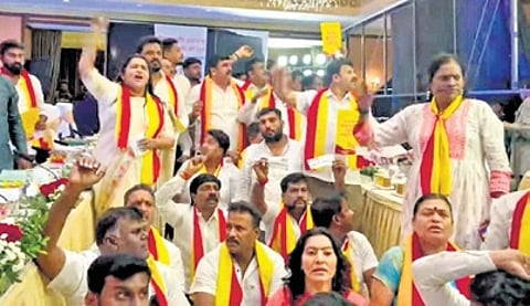 KRV activists raise slogans inside Taj West End on Race Course Road on Thursday
