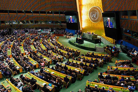 President Donald Trump address the 80th session of the United Nations General Assembly, Tuesday, Sept. 23, 2025, at UN headquarters.