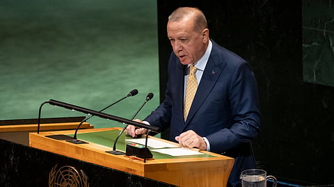 Turkey's President Recep Tayyip Erdogan speaks during a high-profile meeting at the United Nations aimed at galvanizing support for a two-state solution to the Israeli-Palestinian conflict, Monday, Sept. 22, 2025, at U.N. headquarters.