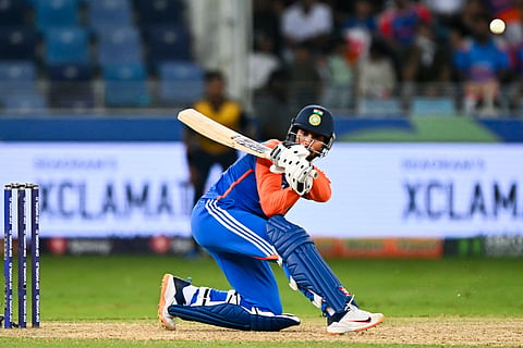 India's Tilak Varma plays a shot during the match against Sri Lanka in Dubai on Friday