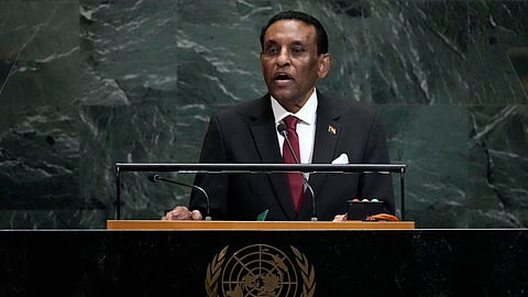 Transitional prime minister of Sudan Kamil El-Tayeb Idris addresses the 80th session of the United Nations General Assembly, Thursday, Sept. 25, 2025, at UN headquarters.