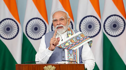 Prime Minister Narendra Modi speaks as he virtually launches Bihar's Mukhyamantri Mahila Rojgar Yojana via video conferencing from New Delhi.