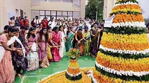 Women employees play Bathukamma at IDOC in Nizamabad on Friday