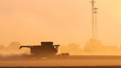 Soybeans are harvested on the Warpup Farm in Warren, Ind., Wednesday, Sept. 17, 2025.