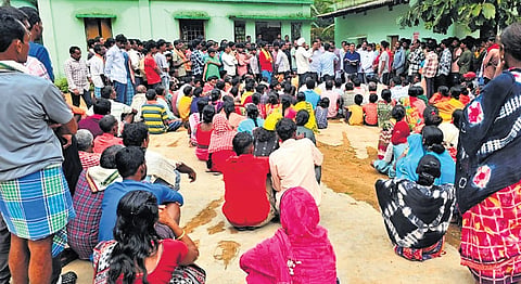 Irate villagers staging protest at Turudihi primary school in Raighar block