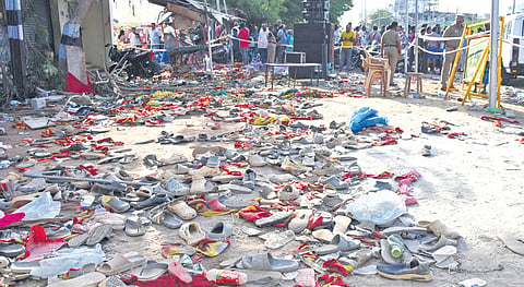 The venue of the TVK chief Vijay’s rally, where a deadly stampede resulted in heavy casualties; (inset) inconsolable families outside the Karur hospital, where the bodies of the victims were kept