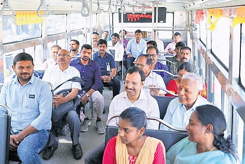 On his last day as TGSRTC managing director, VC Sajjanar takes a bus ride from Telephone Bhavan to Bus Bhavan in Hyderabad on Monday