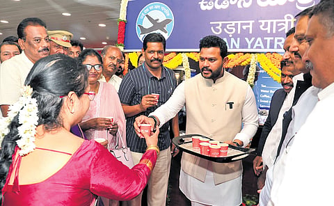 Union Minister for Civil Aviation, Ram Mohan Naidu, inaugurated the UDAN Yatri Cafe at Vijayawada International Airport on Monday | Express