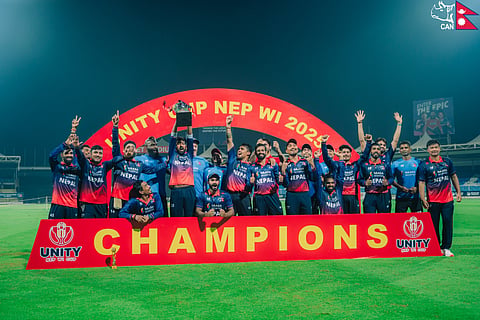 Nepal players celebrate their historic triumph over the West Indies on Tuesday