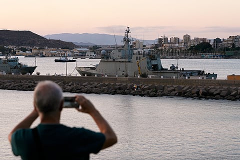 The Spanish navy ship Furor sets sail from the port of Cartagena to the eastern Mediterranean, where the humanitarian aid flotilla bound for Gaza is located, to assist it if necessary or carry out a rescue in the event of an attack, in Murcia, Spain, Thursday, Sept. 25, 2025.