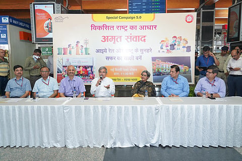 Chairman and CEO of the Railway Board, Satish Kumar, interacting with passengers at New Delhi Railway Station, on 2, October, 2025.
