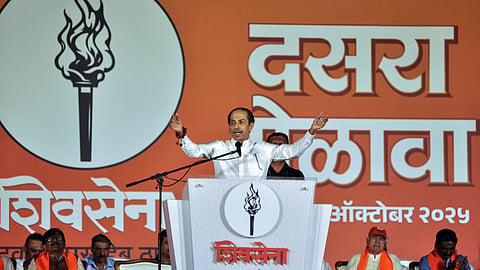 Shiv Sena (UBT) chief Uddhav Thackeray addresses 'Dasara Rally' at Chhatrapati Shivaji Park, Dadar, in Mumbai, on Thursday, Oct. 2, 2025.