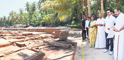 Chief Minister MK Stalin inspecting the construction of an open-air museum at Keezhadi on Friday